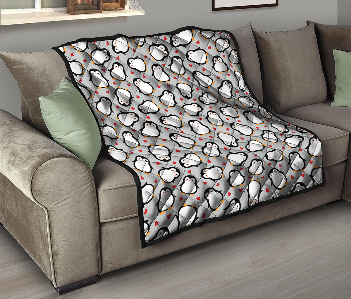 Red Heart And Penguin Pattern Print Quilt