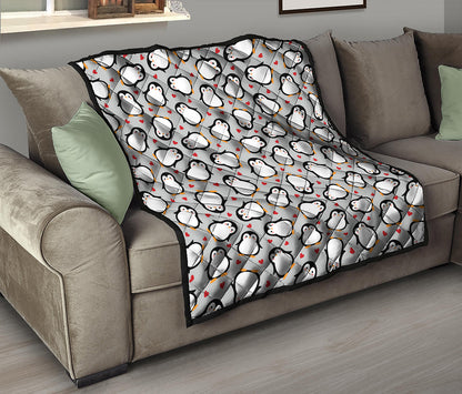 Red Heart And Penguin Pattern Print Quilt