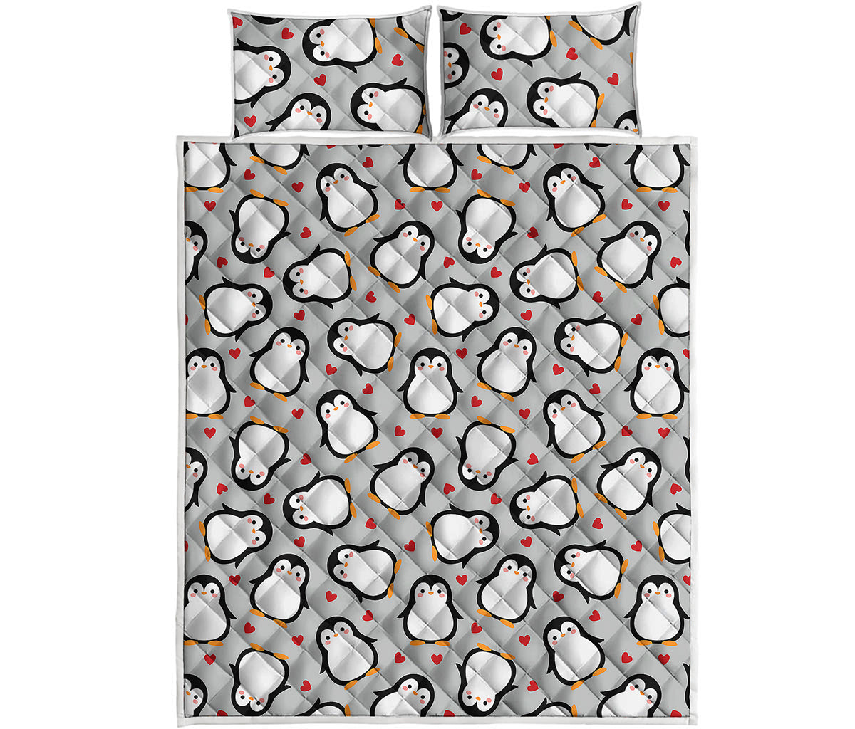Red Heart And Penguin Pattern Print Quilt Bed Set