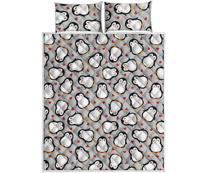 Red Heart And Penguin Pattern Print Quilt Bed Set
