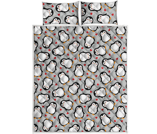 Red Heart And Penguin Pattern Print Quilt Bed Set