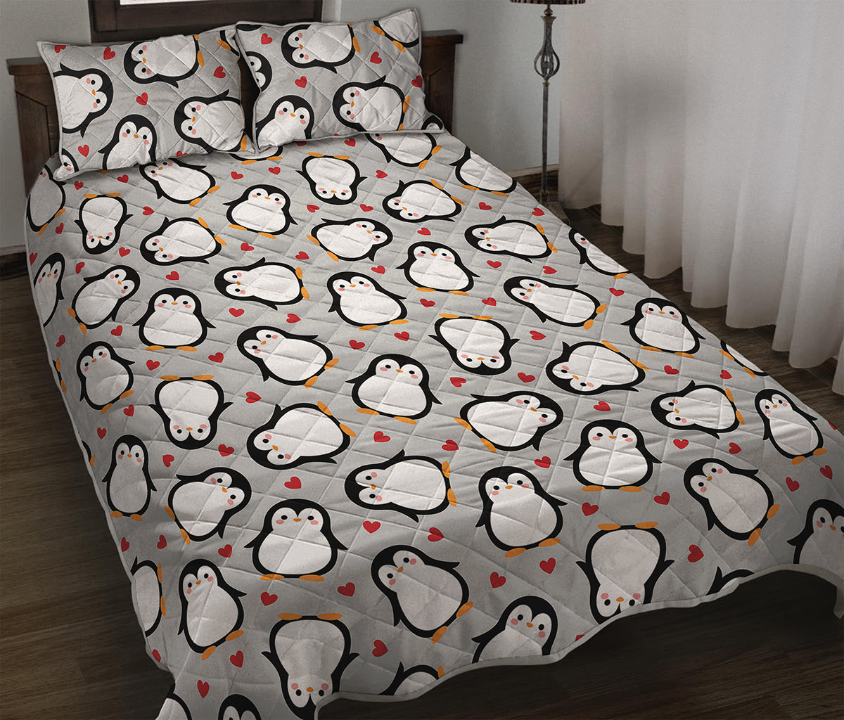 Red Heart And Penguin Pattern Print Quilt Bed Set