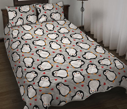 Red Heart And Penguin Pattern Print Quilt Bed Set