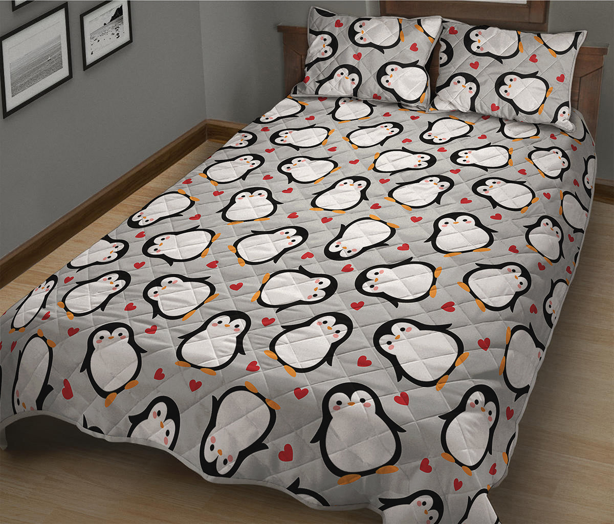 Red Heart And Penguin Pattern Print Quilt Bed Set