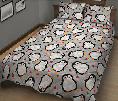 Red Heart And Penguin Pattern Print Quilt Bed Set