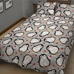 Red Heart And Penguin Pattern Print Quilt Bed Set