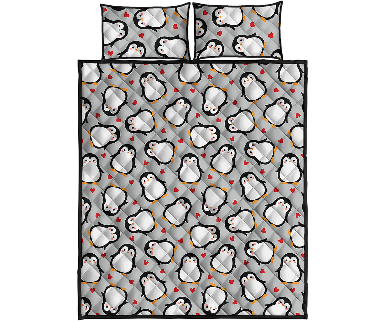 Red Heart And Penguin Pattern Print Quilt Bed Set