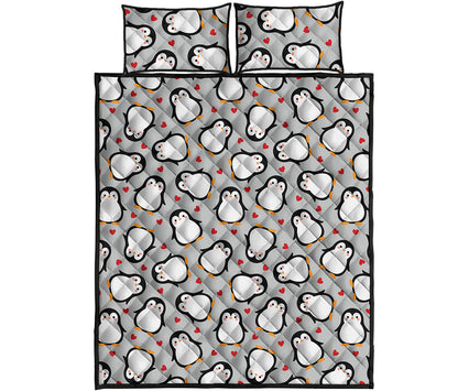 Red Heart And Penguin Pattern Print Quilt Bed Set