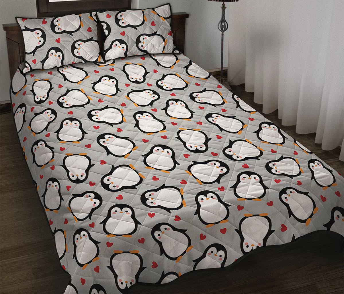 Red Heart And Penguin Pattern Print Quilt Bed Set