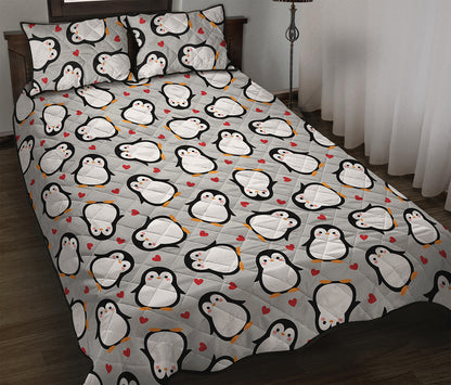 Red Heart And Penguin Pattern Print Quilt Bed Set