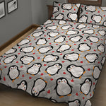 Red Heart And Penguin Pattern Print Quilt Bed Set