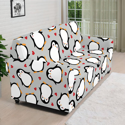 Red Heart And Penguin Pattern Print Sofa Cover