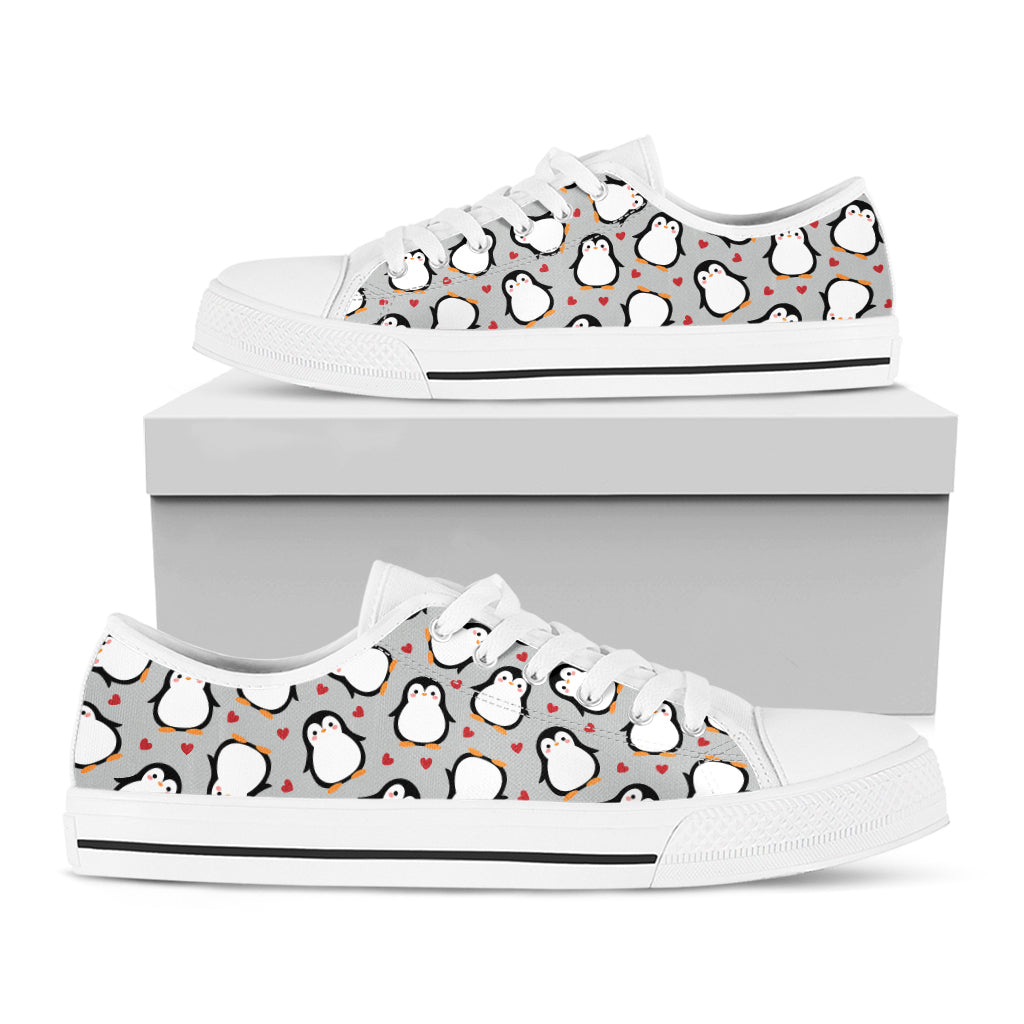 Red Heart And Penguin Pattern Print White Low Top Shoes