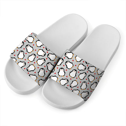 Red Heart And Penguin Pattern Print White Slide Sandals