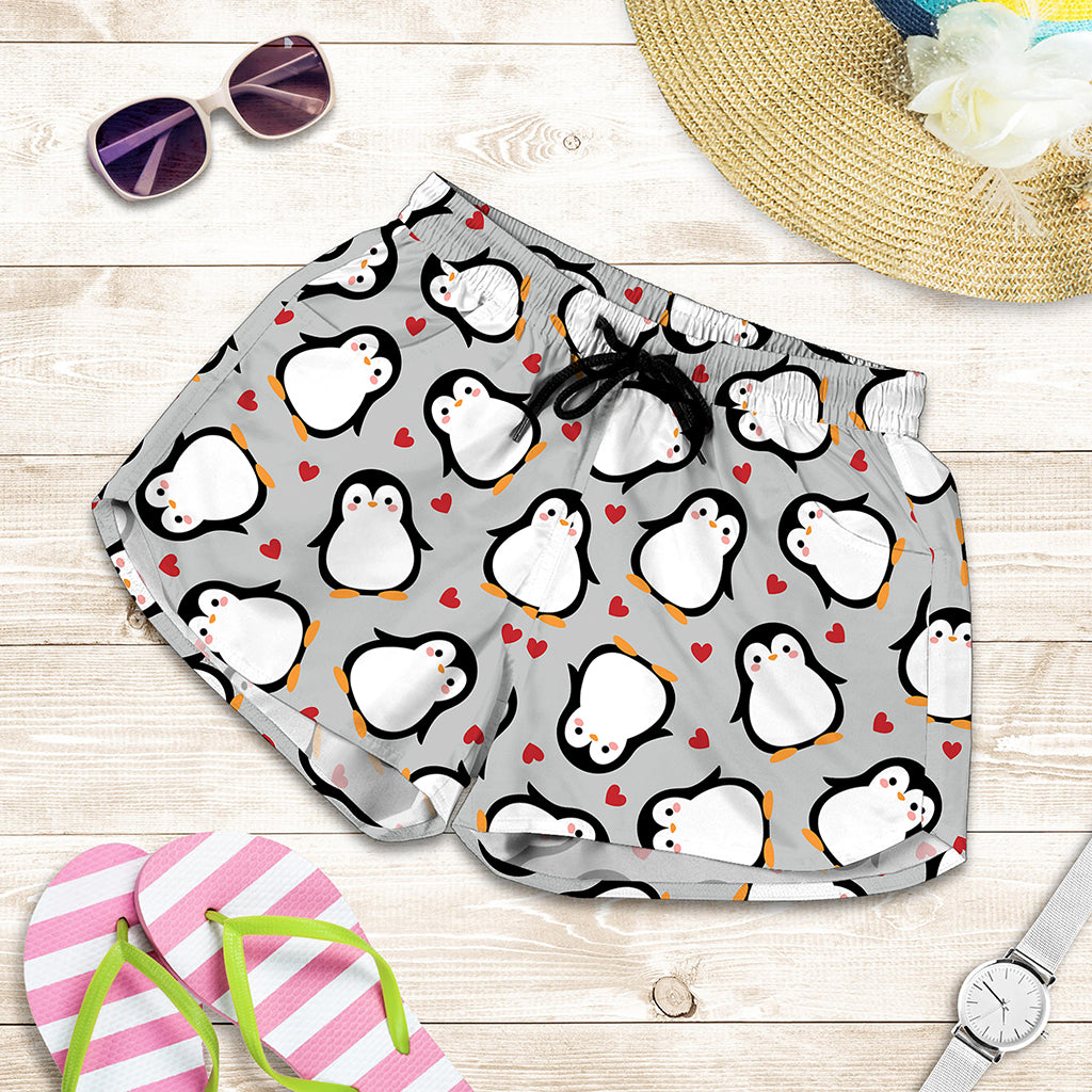 Red Heart And Penguin Pattern Print Women's Shorts