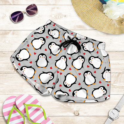 Red Heart And Penguin Pattern Print Women's Shorts
