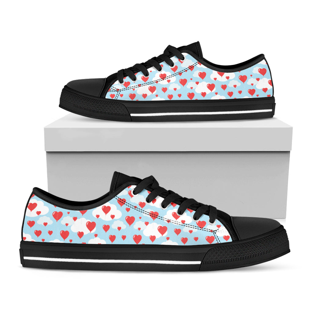 Red Heart Balloon Pattern Print Black Low Top Shoes