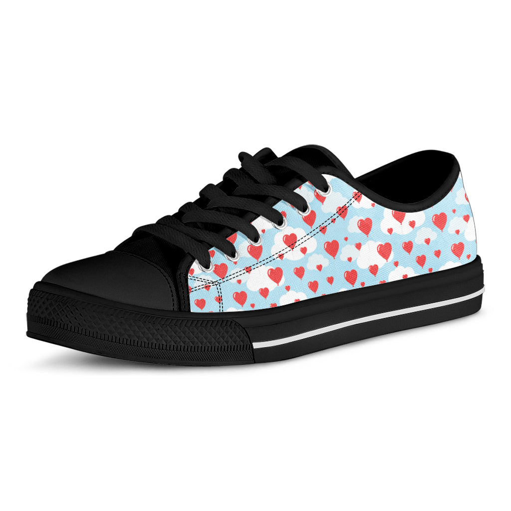 Red Heart Balloon Pattern Print Black Low Top Shoes