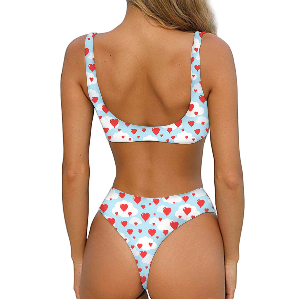 Red Heart Balloon Pattern Print Front Bow Tie Bikini