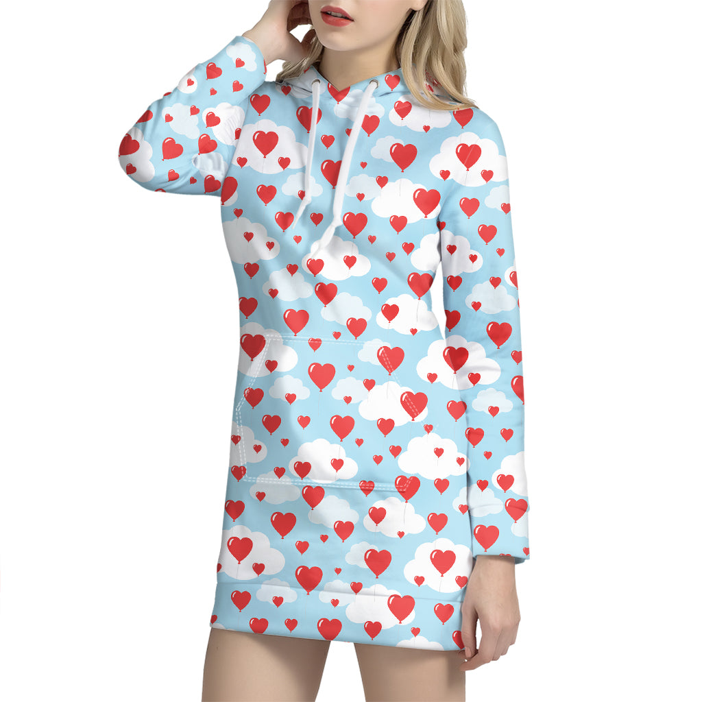 Red Heart Balloon Pattern Print Hoodie Dress