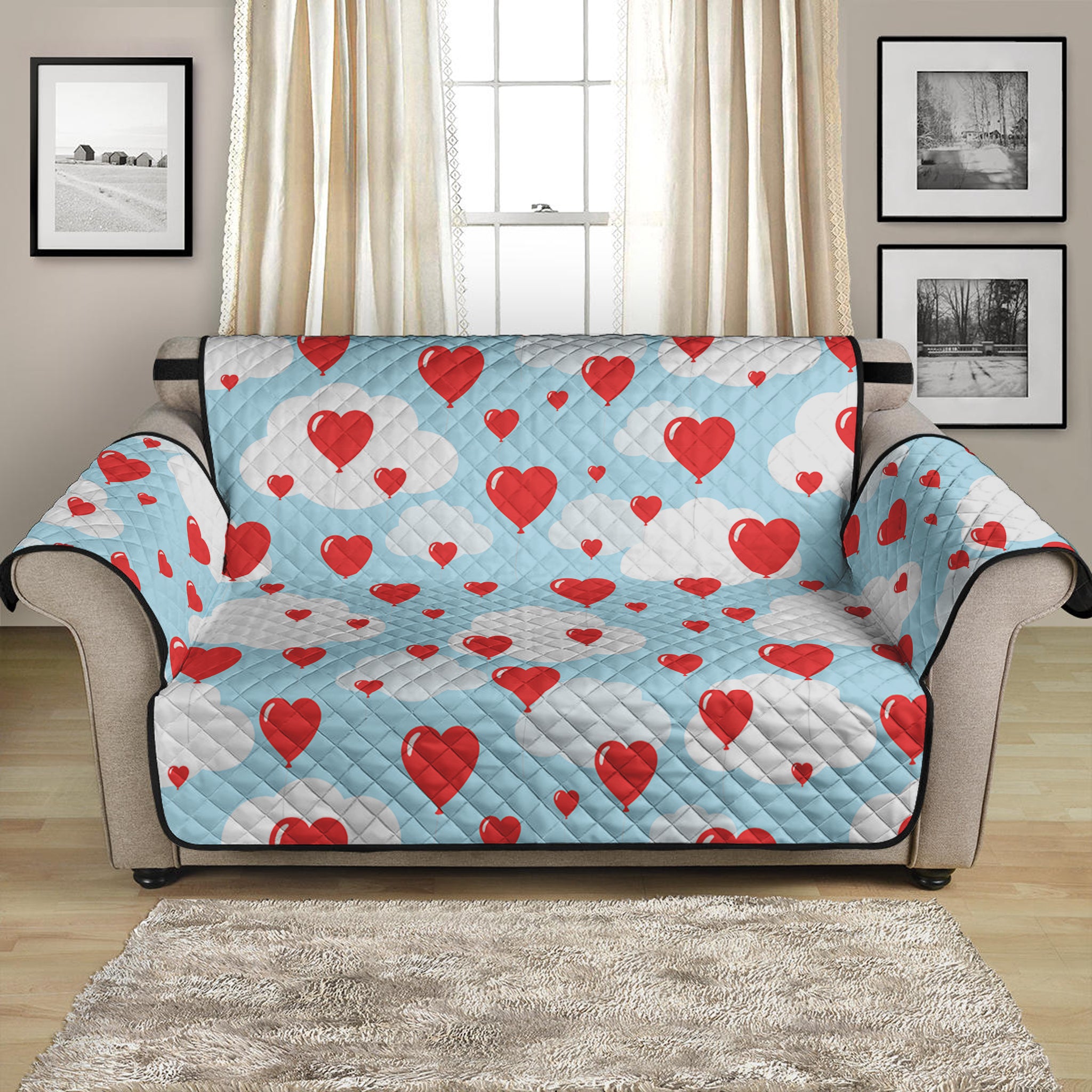 Red Heart Balloon Pattern Print Loveseat Protector