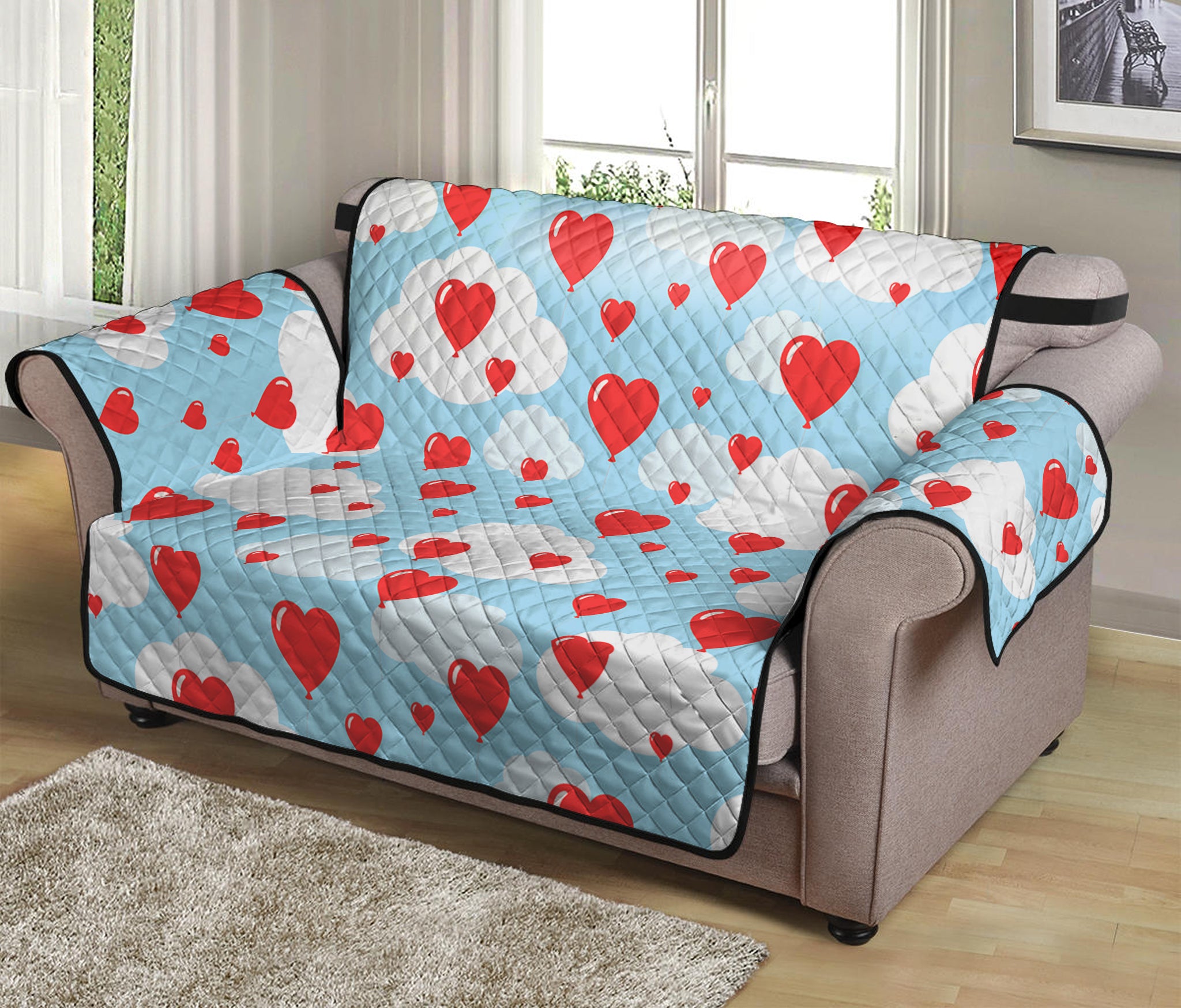 Red Heart Balloon Pattern Print Loveseat Protector