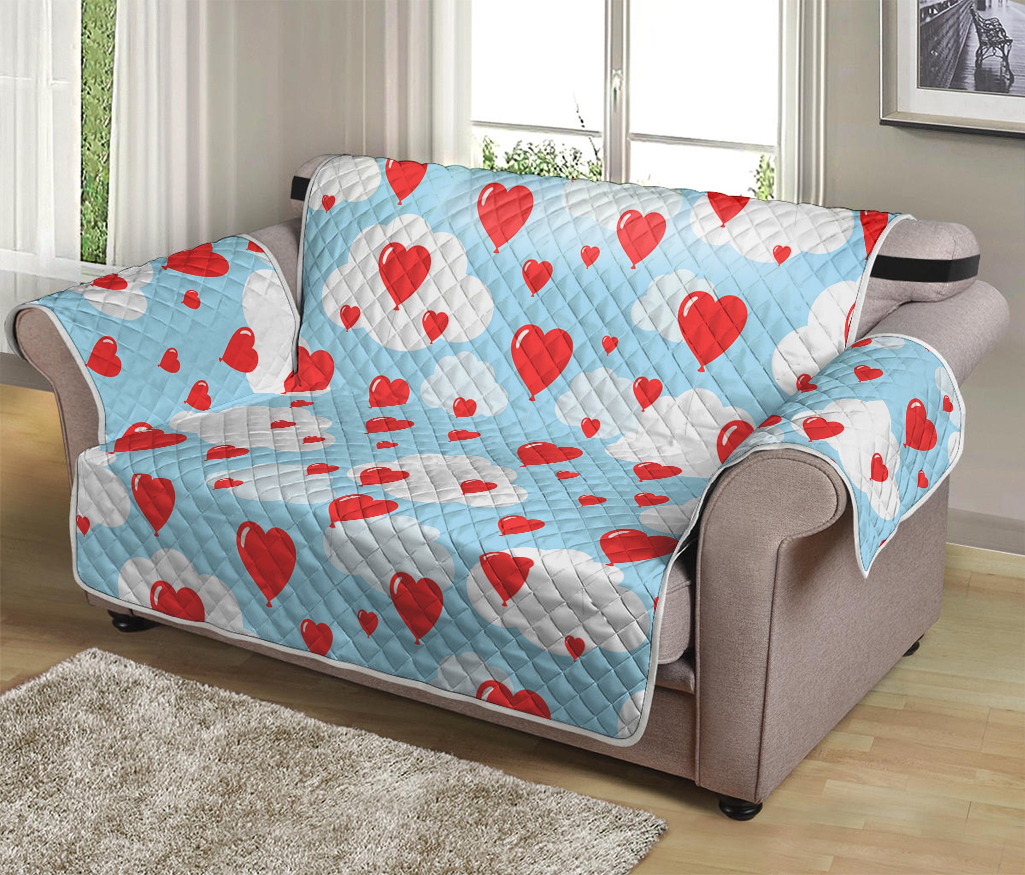 Red Heart Balloon Pattern Print Loveseat Protector