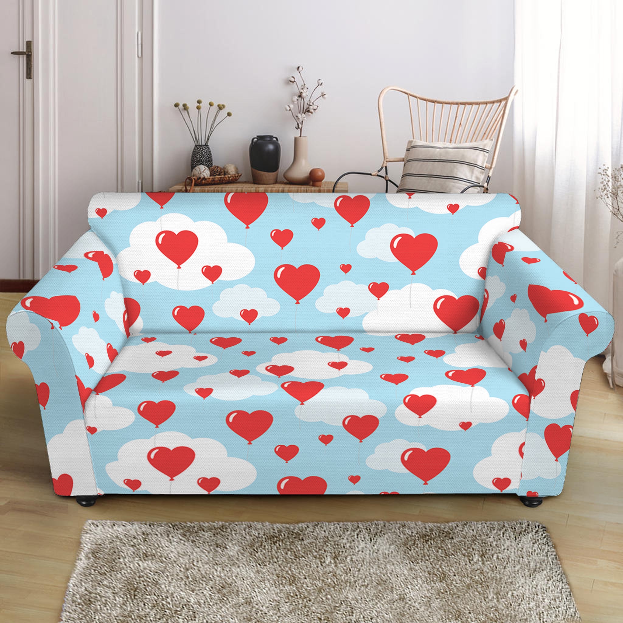 Red Heart Balloon Pattern Print Loveseat Slipcover