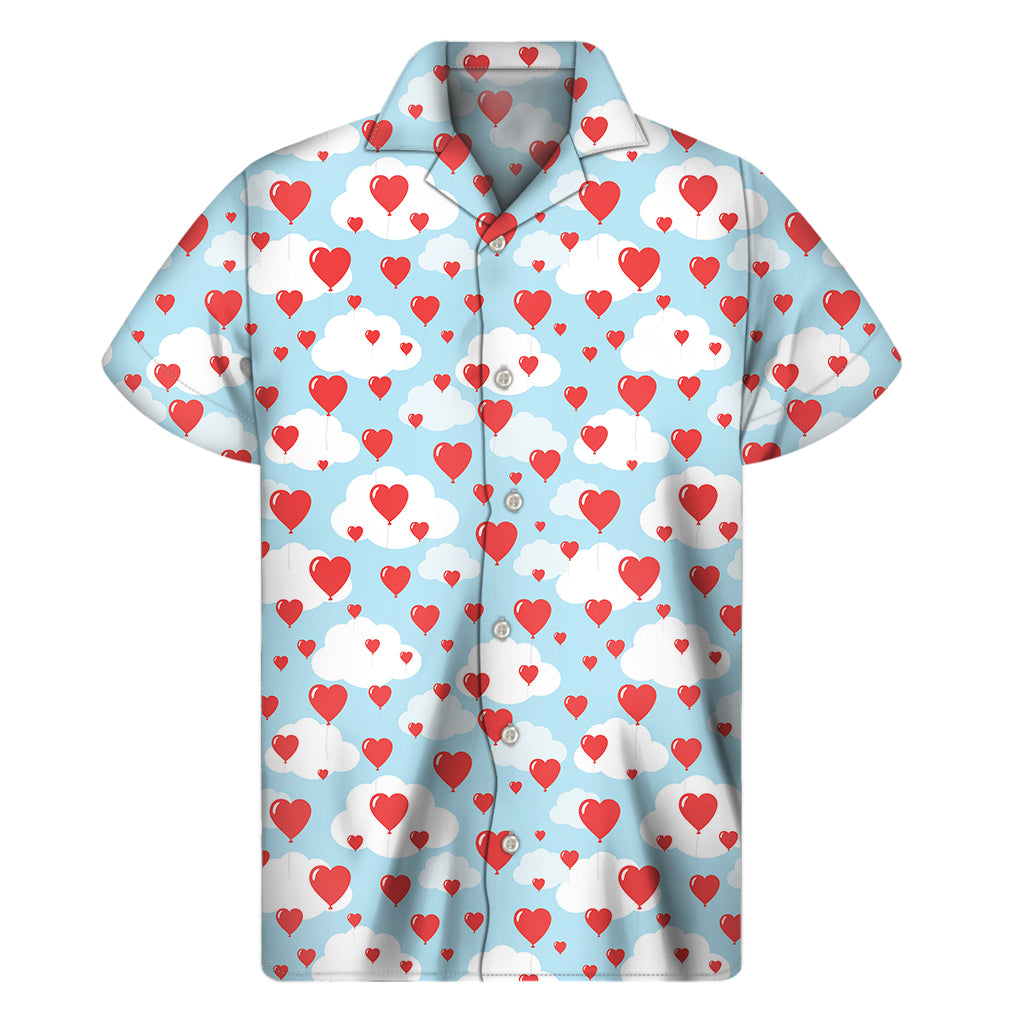 Red Heart Balloon Pattern Print Men's Short Sleeve Shirt