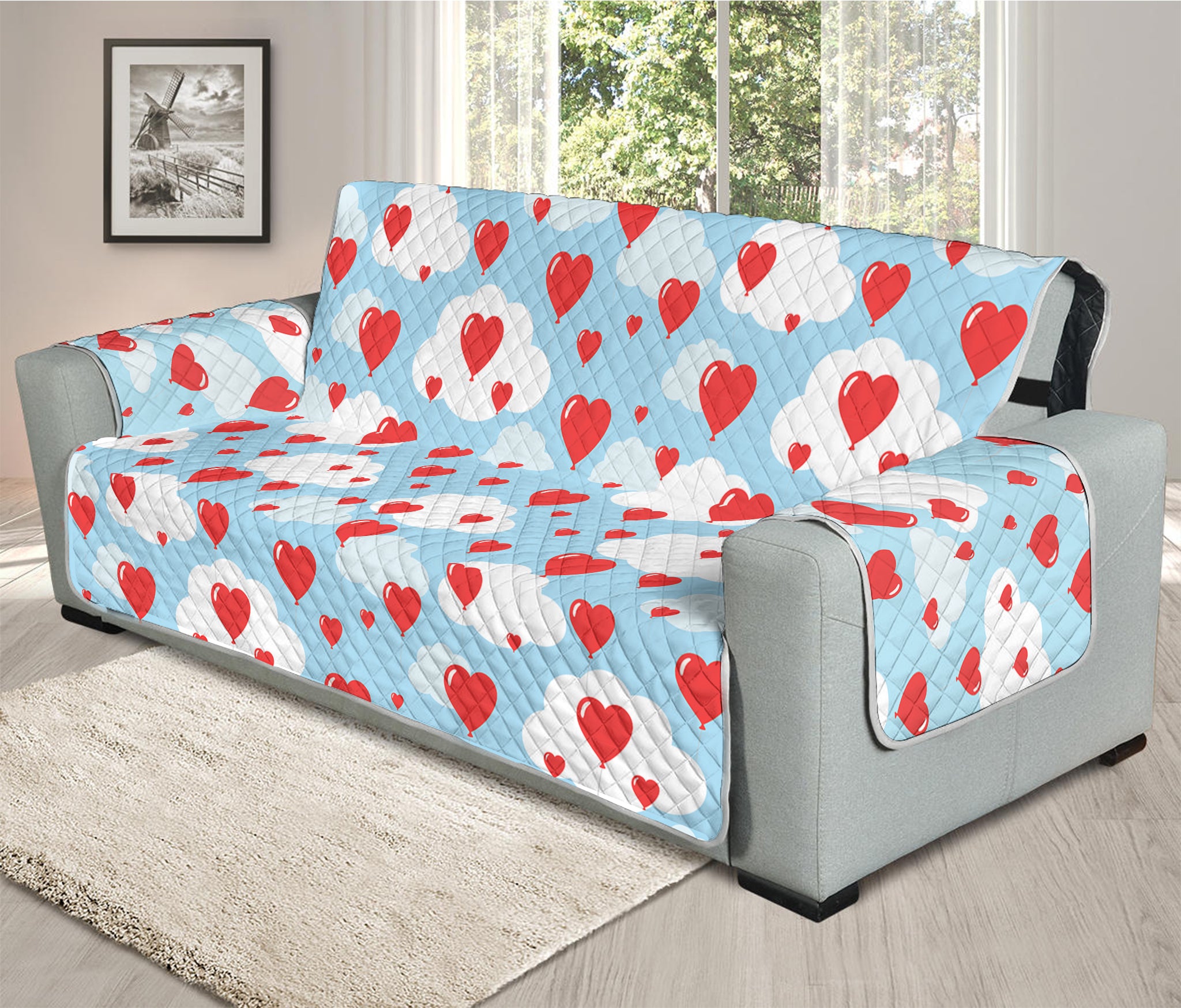 Red Heart Balloon Pattern Print Oversized Sofa Protector