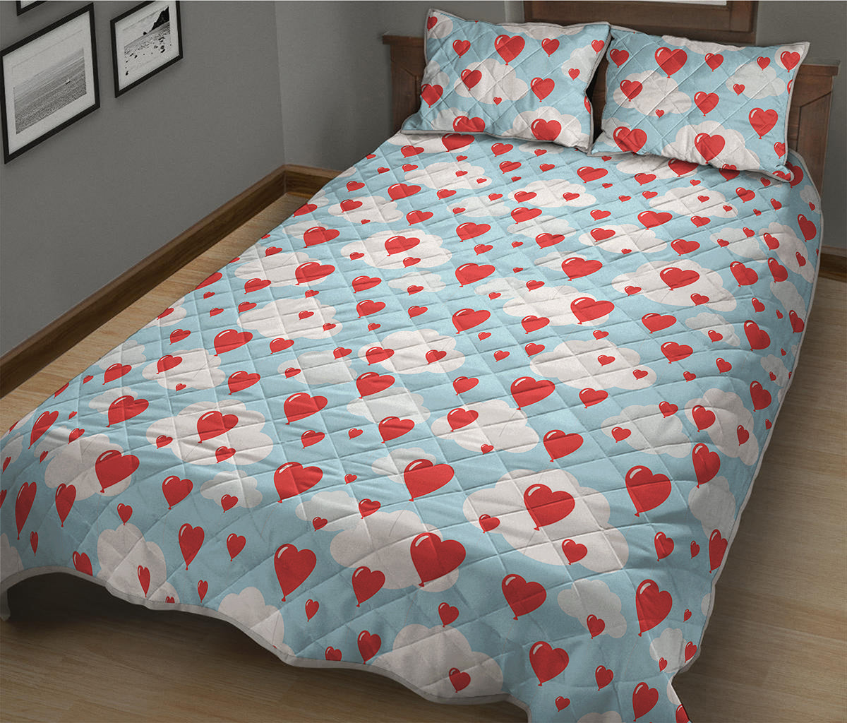 Red Heart Balloon Pattern Print Quilt Bed Set