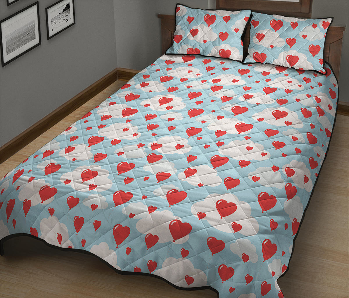 Red Heart Balloon Pattern Print Quilt Bed Set