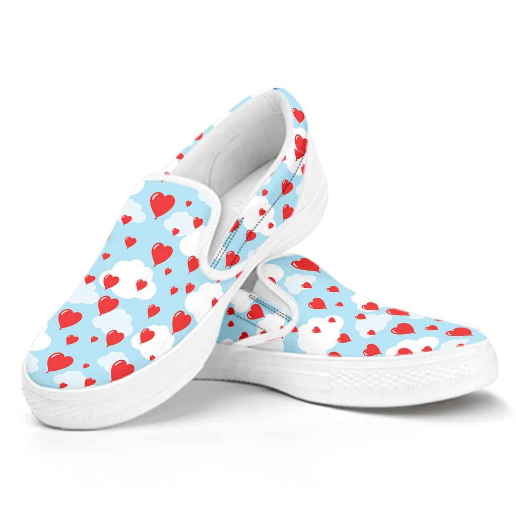 Red Heart Balloon Pattern Print White Slip On Shoes