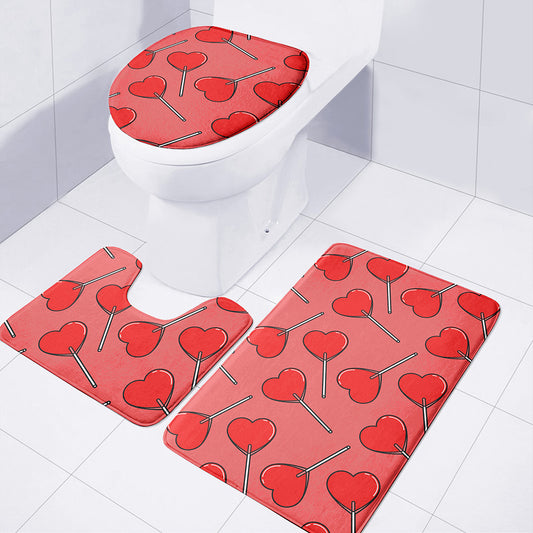 Red Heart Lollipop Pattern Print 3 Piece Bath Mat Set
