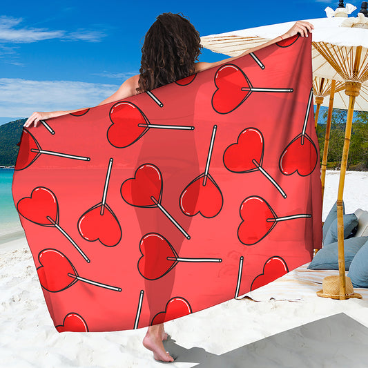 Red Heart Lollipop Pattern Print Beach Sarong Wrap