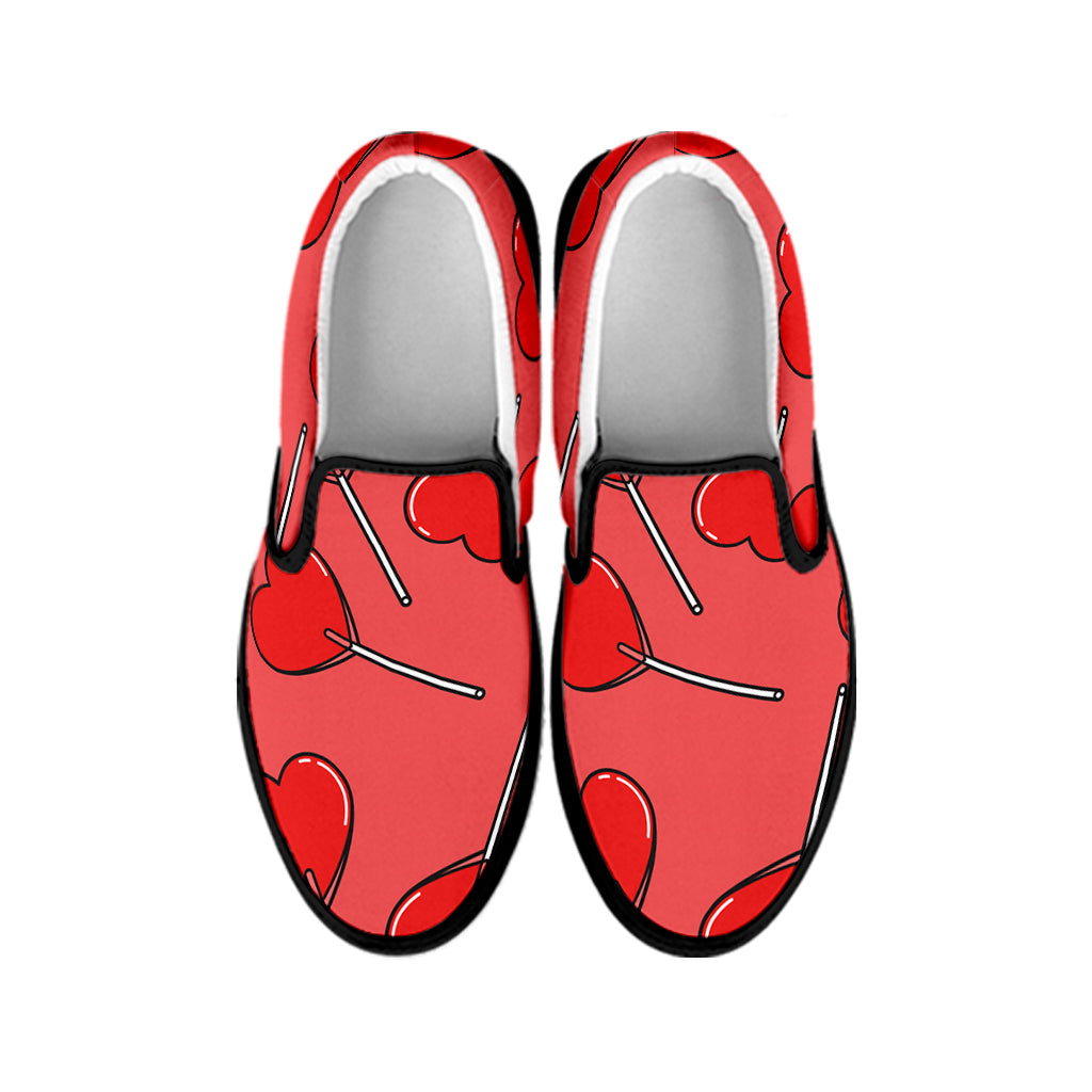 Red Heart Lollipop Pattern Print Black Slip On Shoes