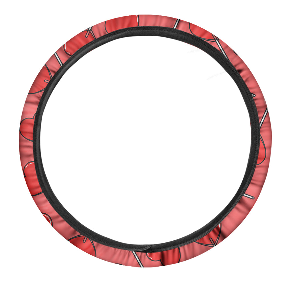 Red Heart Lollipop Pattern Print Car Steering Wheel Cover