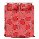 Red Heart Lollipop Pattern Print Duvet Cover Bedding Set