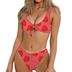 Red Heart Lollipop Pattern Print Front Bow Tie Bikini