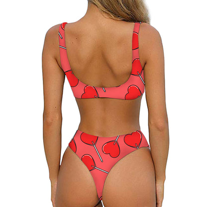 Red Heart Lollipop Pattern Print Front Bow Tie Bikini