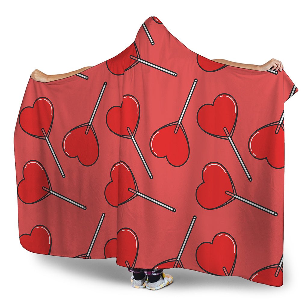 Red Heart Lollipop Pattern Print Hooded Blanket