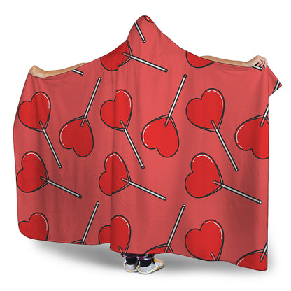 Red Heart Lollipop Pattern Print Hooded Blanket