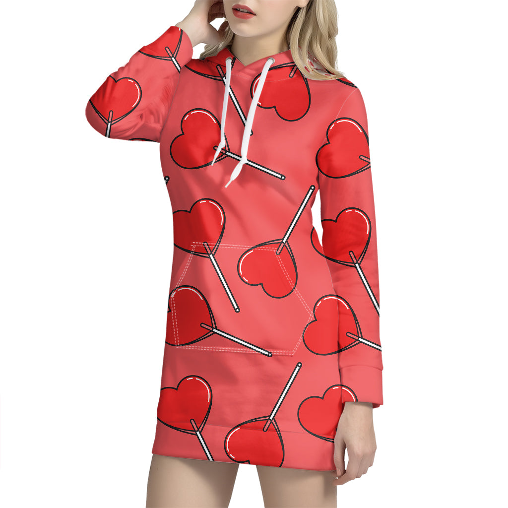 Red Heart Lollipop Pattern Print Hoodie Dress