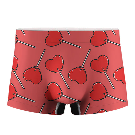 Red Heart Lollipop Pattern Print Men's Boxer Briefs