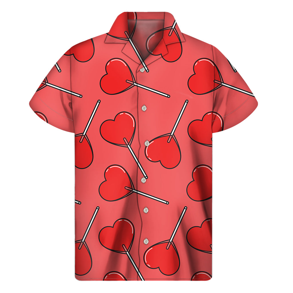 Red Heart Lollipop Pattern Print Men's Short Sleeve Shirt