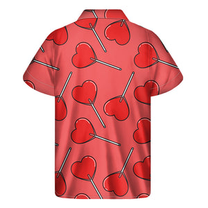 Red Heart Lollipop Pattern Print Men's Short Sleeve Shirt