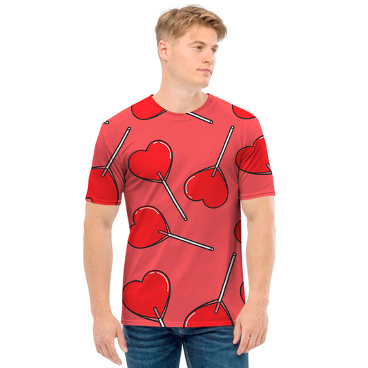 Red Heart Lollipop Pattern Print Men's T-Shirt