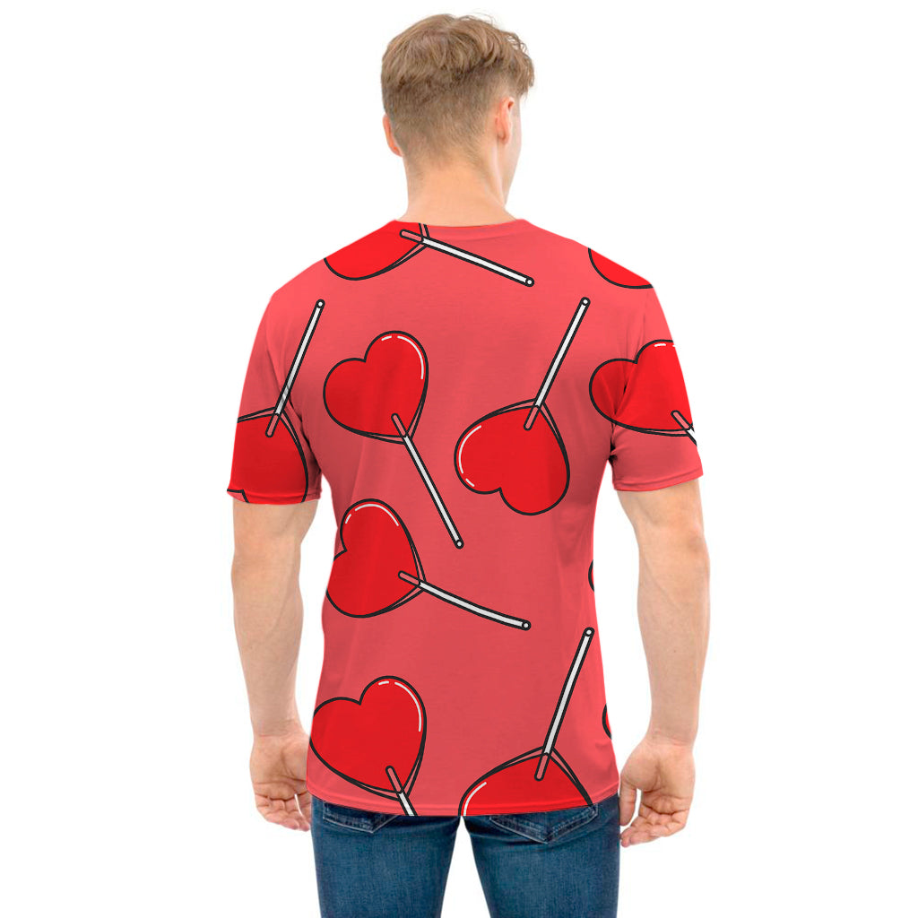 Red Heart Lollipop Pattern Print Men's T-Shirt