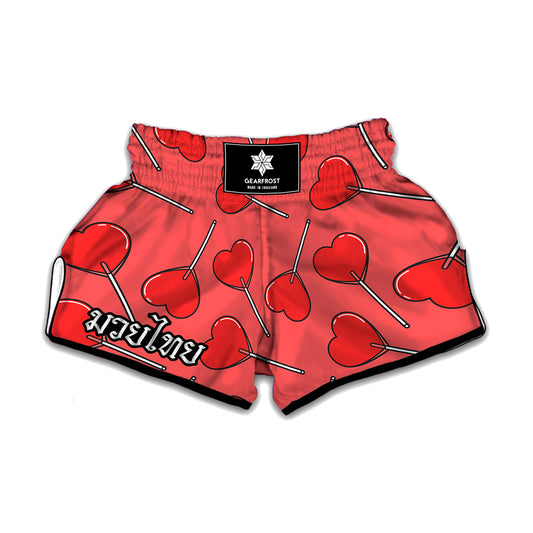 Red Heart Lollipop Pattern Print Muay Thai Boxing Shorts