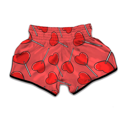 Red Heart Lollipop Pattern Print Muay Thai Boxing Shorts